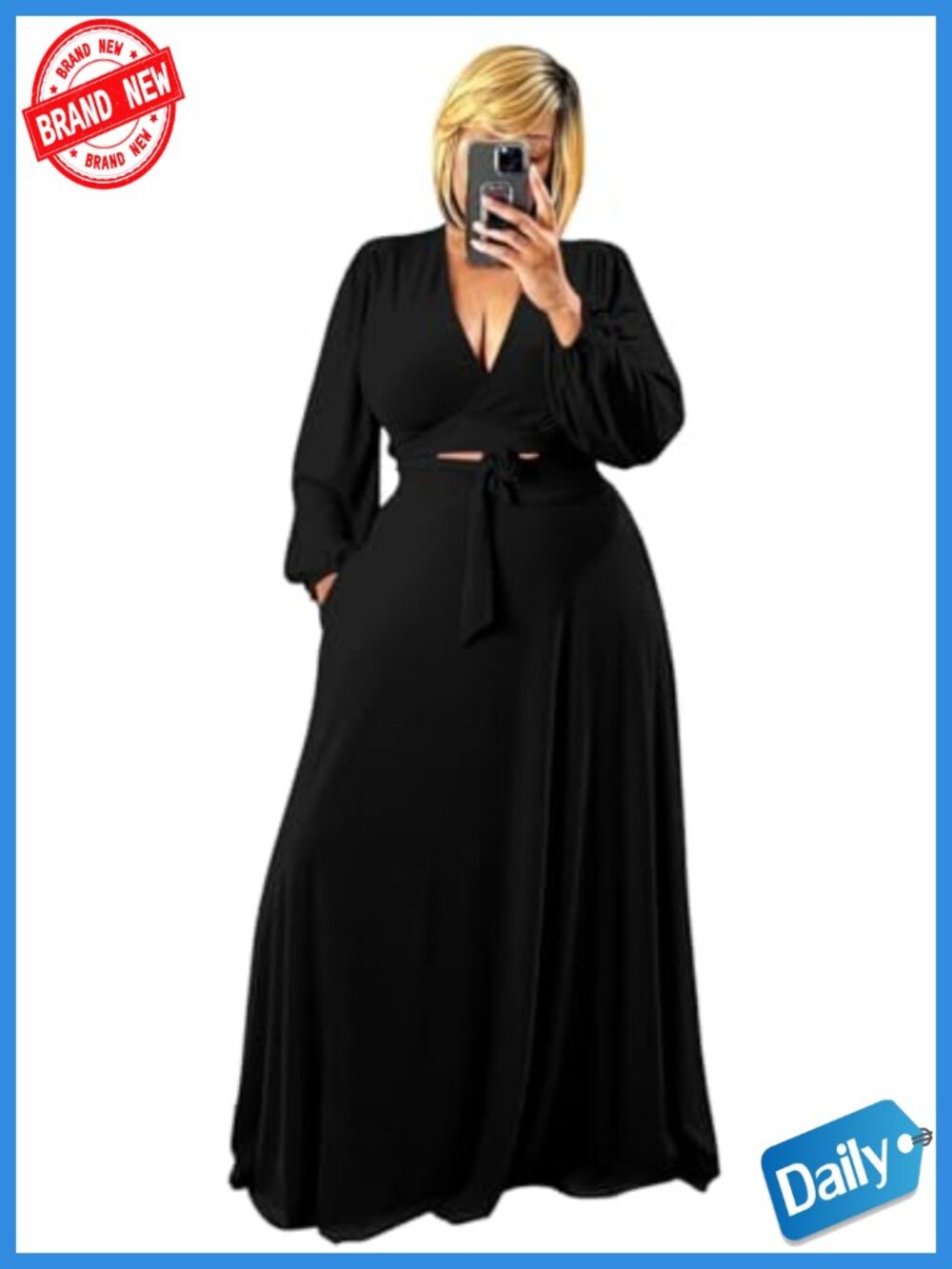 Plus Size 2 Piece Outfits Long Sleeve Wrap Crop Top Maxi Dress Matching Sets